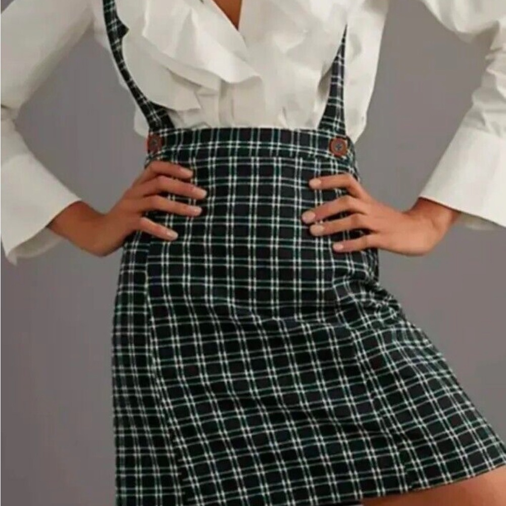 Anthropologie Maeve green plaid pinafore skirt